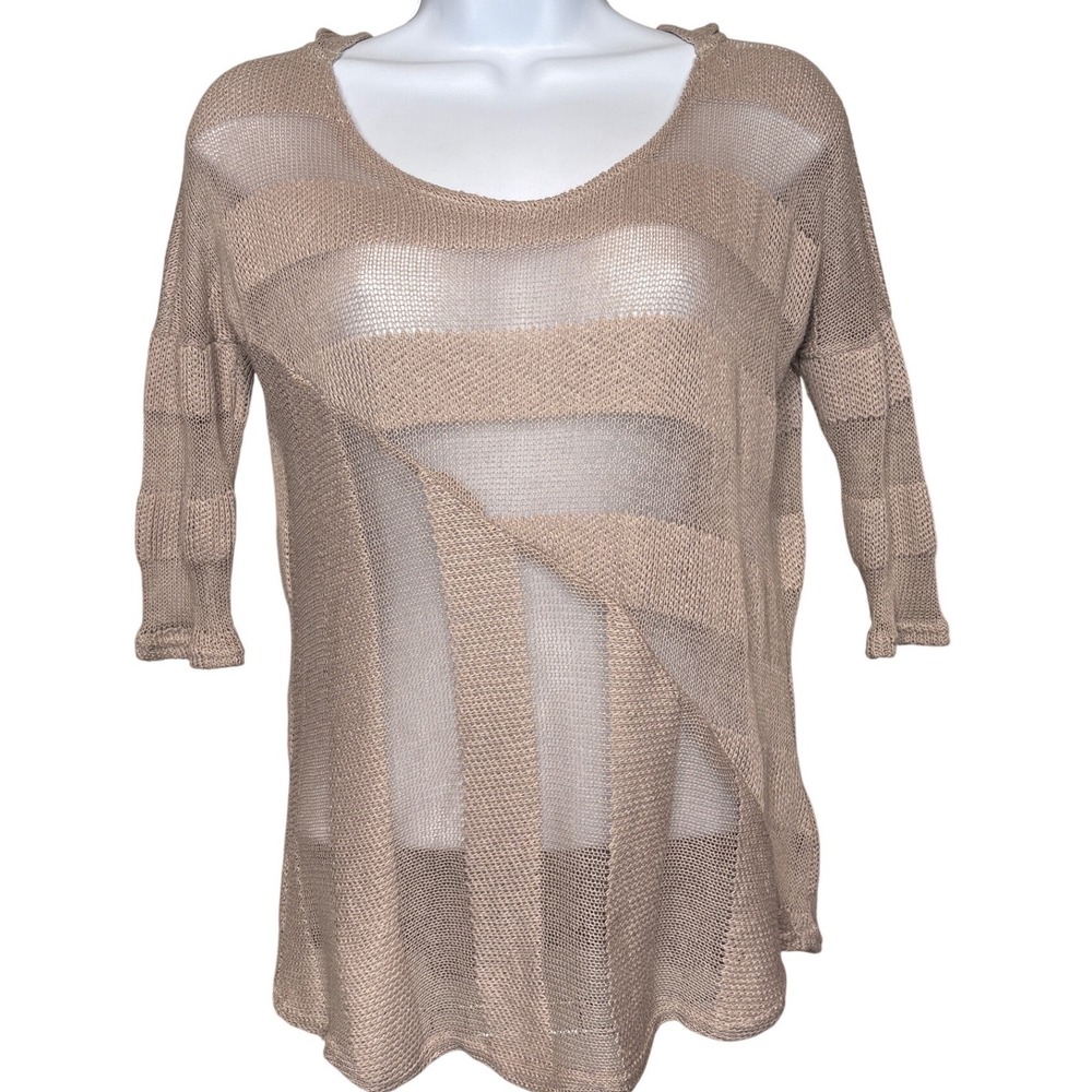 Anthropologie Saturday‎ Sunday Beige Striped Mesh Knit Hooded Sweater Size XS